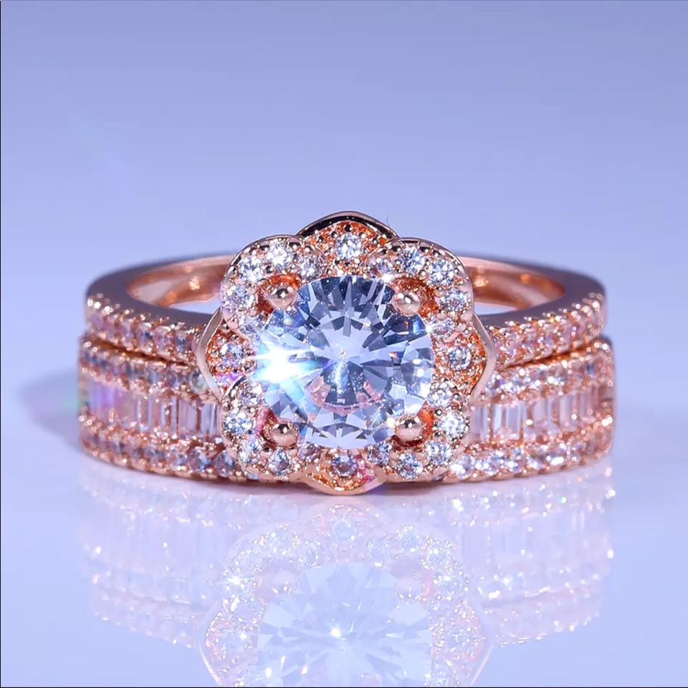 New Rose Gold Romantic 2PC Set Flower Ring - Picture 4 of 6